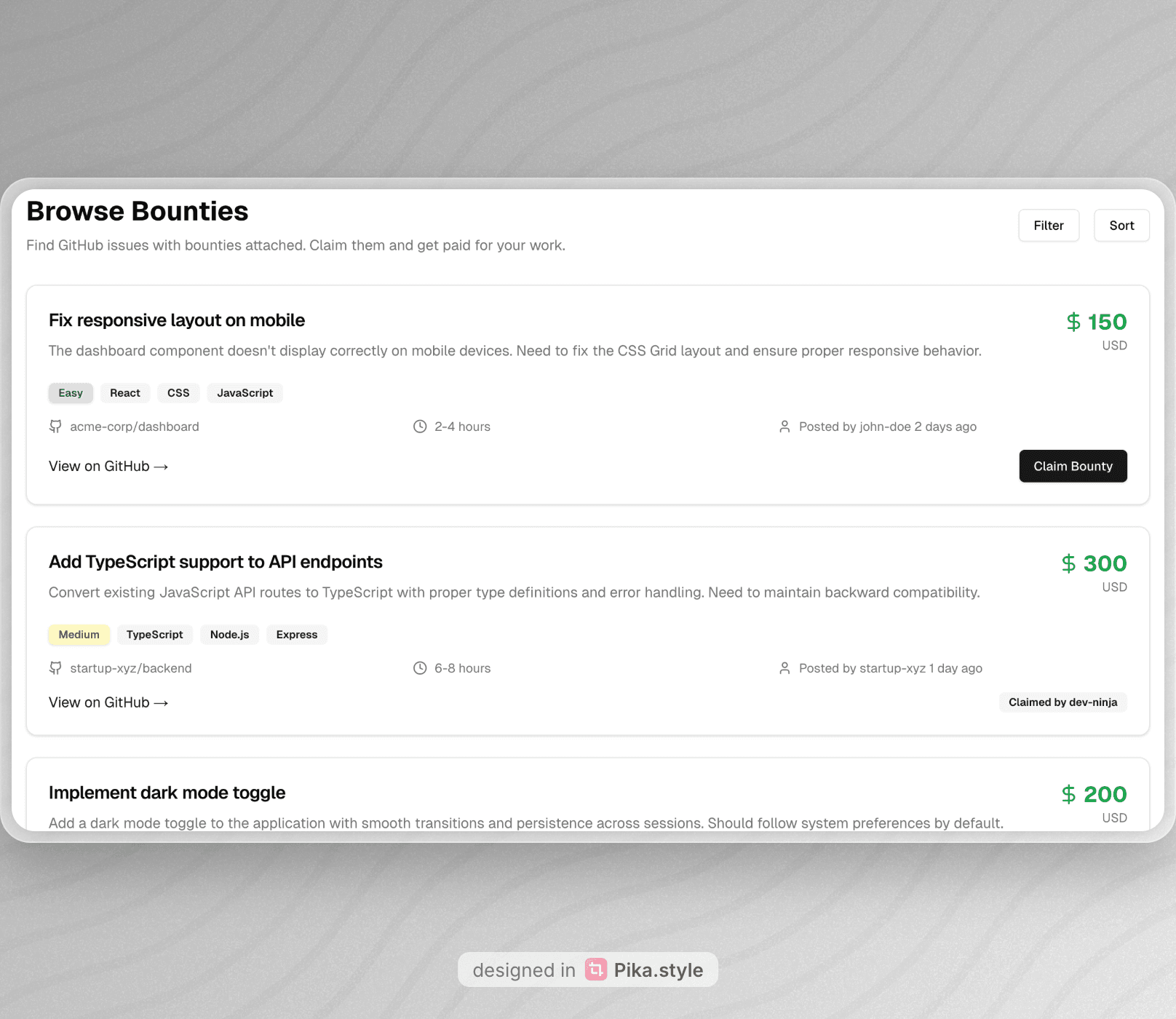 Bounty dashboard showing available bounties to claim