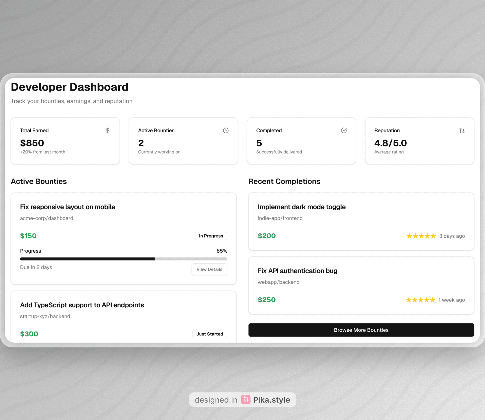 Developer dashboard showing project progress and earnings